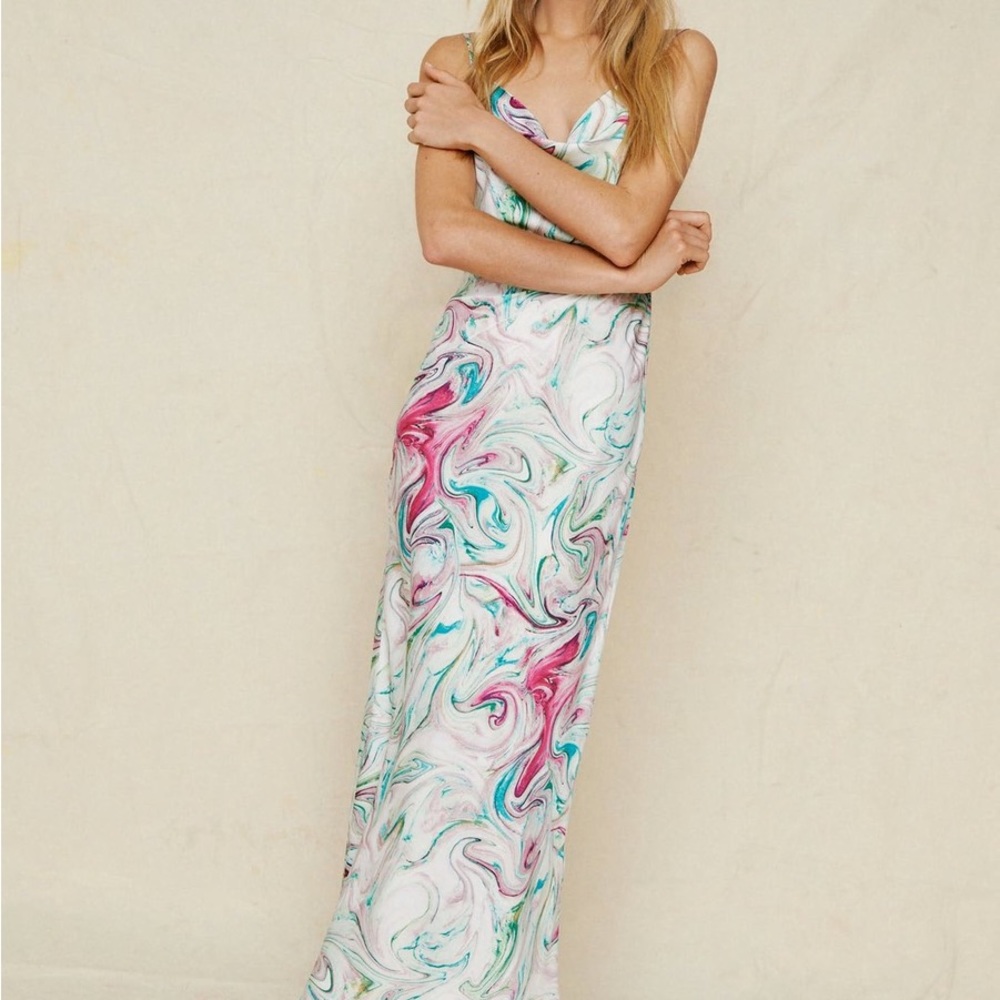 NastyGal Marble Printed Satin Cowl Neck Slip Dress